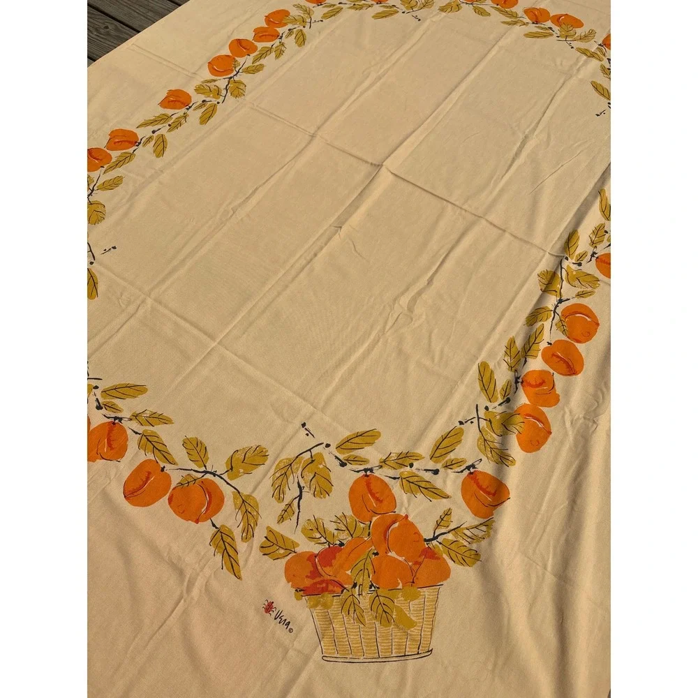 Vintage Vera Neumann Tablecloth Peach Fruit Basket Tan Rectangular 52x80